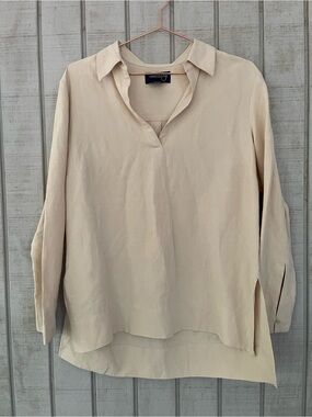 Vintage Country Shop Beige Silk Linen Blend Collared Tunic Top M Boho Minimal